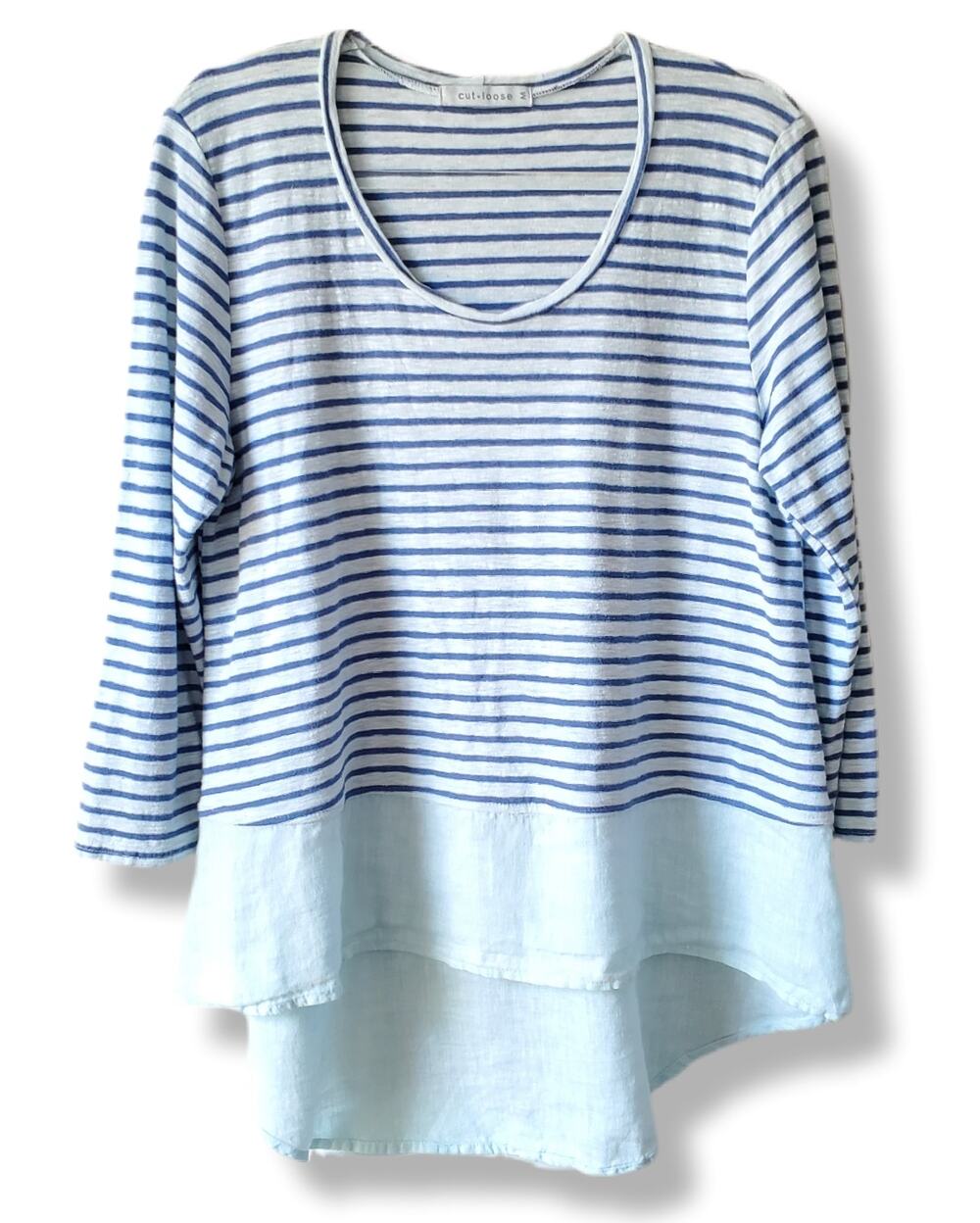 Women Cutloose Blue Stripe Linen Top Shirt M Lagenlook Coastal Relaxed Beach USA
